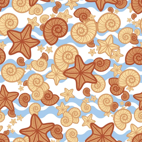 조개껍데기와 불가사리의 귀엽고 귀여운 줄타기 테마의 재미있는 실없는 디자인 여름에 — 스톡 사진