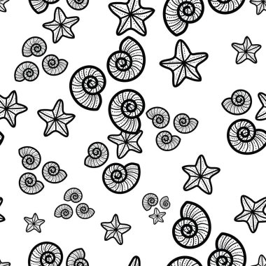 Deniz kabukları ve deniz yıldızlarının sevimli ve sevimli çizgileri. Plaj temasında kusursuz, eğlenceli bir desen tasarımı. Yaz için mükemmel. Herkes için eğlenceli bir boyama aktivitesi. Boyama sayfası ve kitap çizimi.