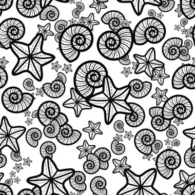 Deniz kabukları ve deniz yıldızlarının sevimli ve sevimli çizgileri. Plaj temasında kusursuz, eğlenceli bir desen tasarımı. Yaz için mükemmel. Herkes için eğlenceli bir boyama aktivitesi. Boyama sayfası ve kitap çizimi.