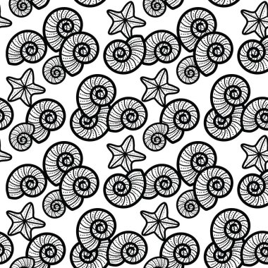 Deniz kabukları ve deniz yıldızlarının sevimli ve sevimli çizgileri. Plaj temasında kusursuz, eğlenceli bir desen tasarımı. Yaz için mükemmel. Herkes için eğlenceli bir boyama aktivitesi. Boyama sayfası ve kitap çizimi.