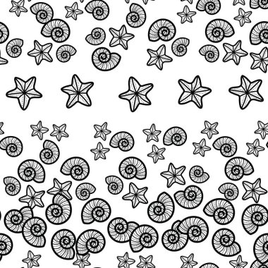 Deniz kabukları ve deniz yıldızlarının sevimli ve sevimli çizgileri. Plaj temasında kusursuz, eğlenceli bir desen tasarımı. Yaz için mükemmel. Herkes için eğlenceli bir boyama aktivitesi. Boyama sayfası ve kitap çizimi.