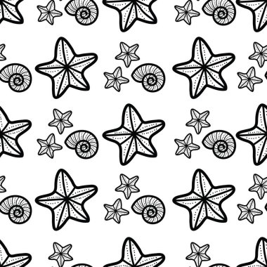Deniz kabukları ve deniz yıldızlarının sevimli ve sevimli çizgileri. Plaj temasında kusursuz, eğlenceli bir desen tasarımı. Yaz için mükemmel. Herkes için eğlenceli bir boyama aktivitesi. Boyama sayfası ve kitap çizimi.