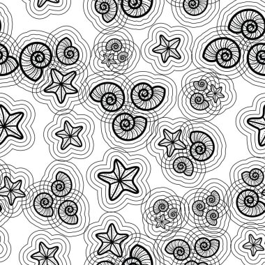 Deniz kabukları ve deniz yıldızlarının sevimli ve sevimli çizgileri. Plaj temasında kusursuz, eğlenceli bir desen tasarımı. Yaz için mükemmel. Herkes için eğlenceli bir boyama aktivitesi. Boyama sayfası ve kitap çizimi.