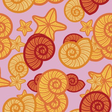 Deniz kabukları ve deniz yıldızlarının sevimli ve sevimli çizgileri. Plaj temasında kusursuz, eğlenceli bir desen tasarımı. Yaz için mükemmel..