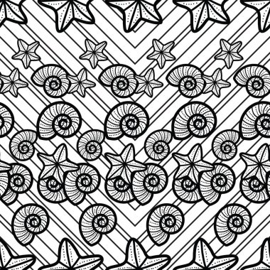 Deniz kabukları ve deniz yıldızlarının sevimli ve sevimli çizgileri. Plaj temasında kusursuz, eğlenceli bir desen tasarımı. Yaz için mükemmel. Herkes için eğlenceli bir boyama aktivitesi. Boyama sayfası ve kitap çizimi.