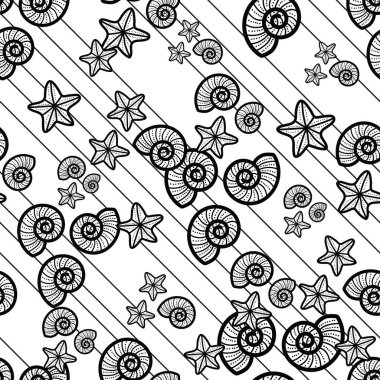 Deniz kabukları ve deniz yıldızlarının sevimli ve sevimli çizgileri. Plaj temasında kusursuz, eğlenceli bir desen tasarımı. Yaz için mükemmel. Herkes için eğlenceli bir boyama aktivitesi. Boyama sayfası ve kitap çizimi.
