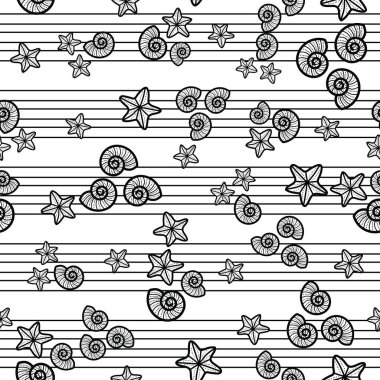 Deniz kabukları ve deniz yıldızlarının sevimli ve sevimli çizgileri. Plaj temasında kusursuz, eğlenceli bir desen tasarımı. Yaz için mükemmel. Herkes için eğlenceli bir boyama aktivitesi. Boyama sayfası ve kitap çizimi.