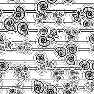 Deniz kabukları ve deniz yıldızlarının sevimli ve sevimli çizgileri. Plaj temasında kusursuz, eğlenceli bir desen tasarımı. Yaz için mükemmel. Herkes için eğlenceli bir boyama aktivitesi. Boyama sayfası ve kitap çizimi.