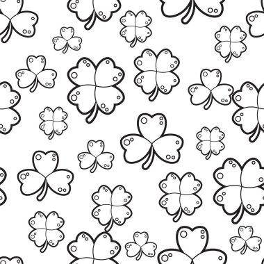 Yonca yapraklarının kusursuz desenli dizaynı olarak sevimli ve basit bir illüstrasyon. Boyama sayfası ve kitap. Herkes için eğlenceli bir aktivite.