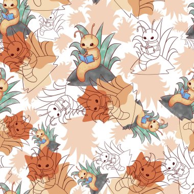 Küçük şirin bir kitap kurdu kayanın üzerinde oturup arka planda uzun otlar olan bir kitap okuyor. Eğlenceli bir tekrar desen tasarımı.