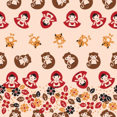 Sevimli ve minimalist düz dizayn. Peri masalı karakterleri içeren kusursuz desen tekrarlanıyor..