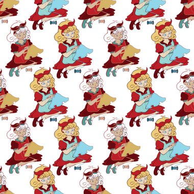 Güzel bir elbise ve önlük giymiş küçük tatlı bir kız basit bir dikiş hareketinde mutluluğu buluyor..