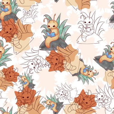 Küçük şirin bir kitap kurdu kayanın üzerinde oturup arka planda uzun otlar olan bir kitap okuyor. Eğlenceli bir tekrar desen tasarımı