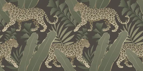 Leopar ya da jaguar desensiz desen tasarımı. Zarif bir tropik yaz ortamı. Koyu yeşil yapraklı egzotik hayvanın tekrarlanan vektör izi.