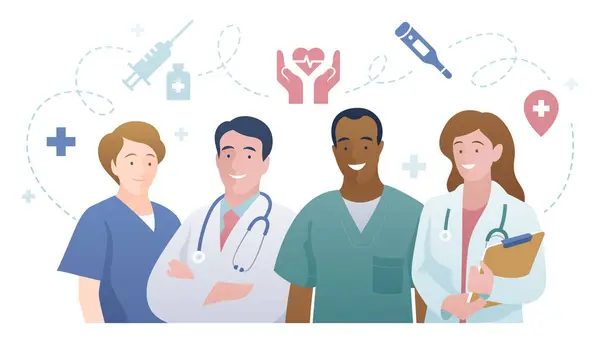 Tıp çalışanları vektör bilgisini renklendiriyor. Beyaz arka planda ikonları olan doktor ve hemşire. Sağlık hizmeti afişi konsepti. Nazik, gülümseyen terapist ve bakıcı..
