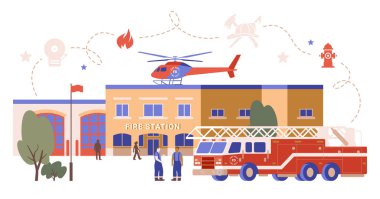 İtfaiyeci ve itfaiye konsepti. İtfaiye binası, kamyon ve helikopter renk çizimi beyaz arka planda izole edildi. Bölüm ve kurtarma aracı düz çizgi film bilgisi.