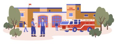 İtfaiyeci ve itfaiye konsepti. İtfaiye binası, kamyon ve itfaiyeci renk çizimi beyaz arka planda izole edildi. Bölüm ve kurtarma aracı düz çizgi film grafikleri.