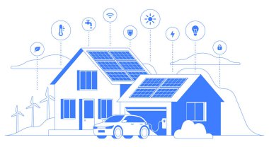 Elektrikli araba şarj istasyonu. Güneş panelleri ve rüzgar türbinleriyle sürdürülebilir yaşam tarzının izole edilmiş vektör çizgisi çizimi.
