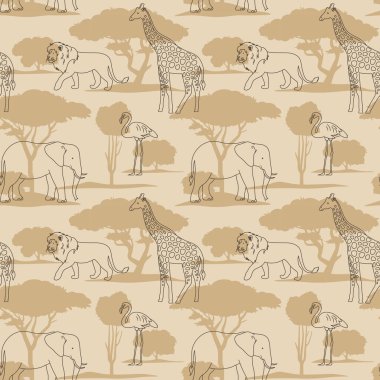 Savannah kusursuz desen. Afrika safarisi tekrarlanan illüstrasyon. Doğa ve vahşi hayvan geçmişi. Özet ve siluet nötr duvar kağıdı sanatı.