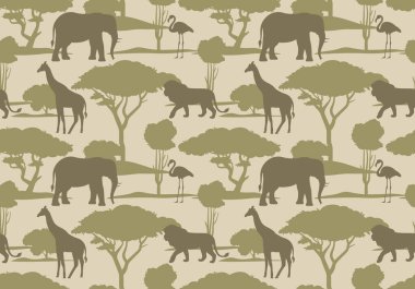 Savannah kusursuz desen. Afrika safarisi tekrarlanan illüstrasyon. Vahşi yaşam ve vahşi hayvan silueti. Basit ve zarif duvar kağıdı sanatı..