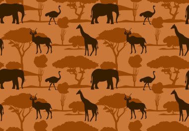 Savanna günbatımında kusursuz bir düzen içinde. Afrika safarisi tekrarlanan illüstrasyon. Turuncu arka planda vahşi yaşam ve vahşi hayvan silueti. Basit ve zarif duvar kağıdı sanatı..