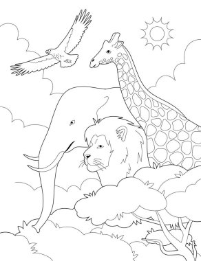 Çocuklar ve yetişkinler için dikey hayvan boyama sayfası. Taslak zürafa, aslan, fil çizimi. Afrika 'nın doğası çizim sanatı.