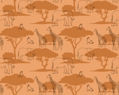Zürafalı ve filsiz desenli bir Savanna. Afrika safarisi tekrarlanan illüstrasyon. Afrika 'nın vahşi yaşamı. Özet ve siluet turuncu arka plan. Basit, zarif duvar kağıdı sanatı..