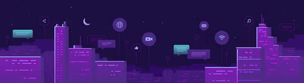 Karanlık arka planda ışıklar ve binalar olan gece şehri manzarası. İkonlarla birlikte şehir manzarası bilgi resimleme kavramı. Sosyal ağ, internet iletişimi, ofis işi. Yatay pankart tasarımı.