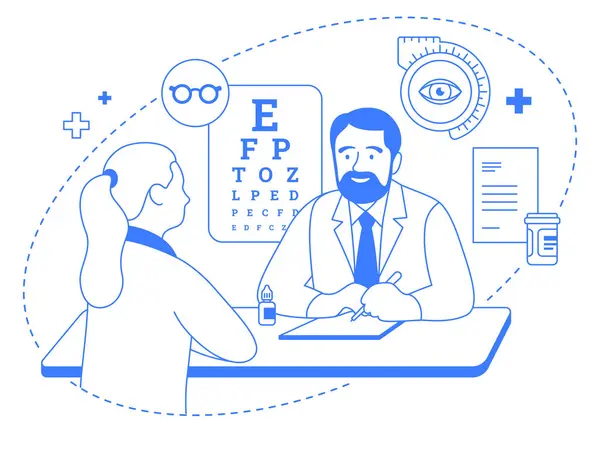 Doktor göz doktoru ve birinci derece renkli hasta çizimi. Optometrist konsültasyon, görüş muayenesi ve göz bakımı hizmeti. İkonları izole edilmiş çizgi sanat bilgisi. Düzenlenebilir vuruş.