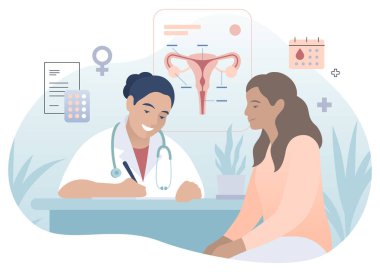 Hasta düz renk çizimi olan jinekoloji doktoru. Jinekologla kadın danışmanlığı. Jinekoloji ofisi, beyaz arka planda izole edilmiş tıbbi ikonlar. Sağlık hizmeti pankartı bilgi grafiği konsepti.