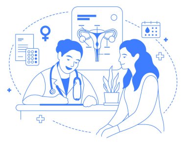 Jinekoloji doktoru, birinci hastanın renkli çizimi. Jinekologla kadın danışmanlığı. Jinekoloji bürosu, tıbbi sanat simgeleri izole edilmiş. Düzenlenebilir felçli sağlık pankartı bilgi grafiği.