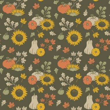 Balkabağı, ayçiçeği ve yapraklarla kusursuz bir desen. Karanlık arka planda sonbahar elementleri. El çizimi tekrarlayan bir illüstrasyon. Lino pul stili duvar kağıdı sanatı.