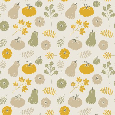 Balkabağıyla kusursuz bir desen oluştur ve ayrıl. Sonbahar elementleriyle grafiksel arkaplan. El çizimi çizimi. Lino pul stili duvar kağıdı sanatı.