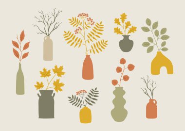 Sonbahar yapraklı farklı şekillerde modern vazolar. El çizimi set. Sonbahar tablo dekor ögesi koleksiyonu. Akçaağaç, meşe, rowan yaprağı ile şirin grafik çizimi.