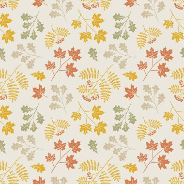 Sonbahar yapraklı eski duvar kâğıdı sanatı. Rowan, akçaağaç ve meşe ağaçlarıyla kusursuz bir şekilde dağılın. Tekrarlanan illüstrasyonla el çizimi arkaplan.