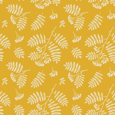 Rowan 'la sonbahar geçmişi ve yaprakları. Kusursuz bir şablon. El çizimi sarı illüstrasyon ve duvar kağıdı tasarımı.