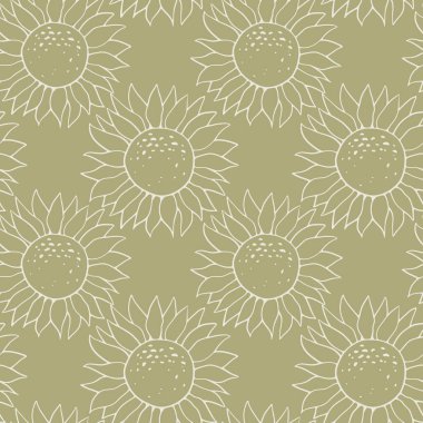 Sevimli karalama ayçiçeğiyle kusursuz desen. Elle çizilmiş doğal sonbahar elementleri yeşil arka planda. Basit bir boho fall illüstrasyonu. Çizgi sanatı duvar kağıdı tasarımı.