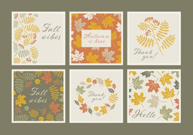 Sonbahar sosyal medya afişi. Şükran Günü tebrik kartı koleksiyonu. Kare şeklinde sonbahar yaprakları olan tatil doğası geçmişi. El çizimi resimli Boho posteri.