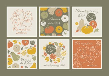 Şükran Günü sosyal medya afişi. Sonbahar tebrik kartı koleksiyonu. Balkabağı ve güz yapraklı tatil doğası. Cadılar Bayramı köşesi postası. El çizimi resimli Boho posteri.