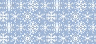 Kar taneleri kusursuz desen tasarımı yapar. Kar elementleriyle grafiksel bir arkaplan. Mavi ve beyaz tekrarlanan boho illüstrasyonu. Kış duvar kağıdı sanatı.