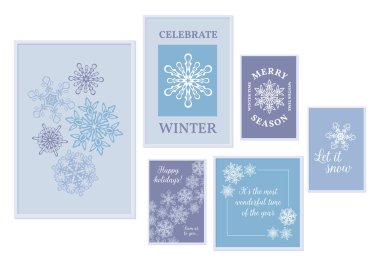 Kış posteri tasarımı. Duvar sanatı kompozisyonu. Beyaz ve mavi resimli soyut resim seti. İç dekorasyon. Kar taneli Noel koleksiyonu. Kolaj sanatının tatil galerisi.