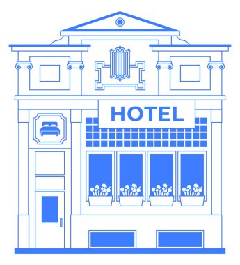 Otel çizgisi çizimi. Beyaz arka planda girişi olan ön cephe simgesi oluşturuluyor. Bir mavi ana hat izole edilmiş grafik. Eski model mimari. Düzenlenebilir vuruşlu bilgi.