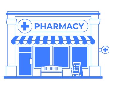 Eczane binası izole bir illüstrasyon. Eczane simgesi beyaz arkaplanda izole edilmiş. Bir renk çizgisi sanat bilgisi. Sağlık hizmeti konsepti. Mavi çizgili grafik. Düzenlenebilir vuruş.