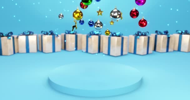 Vánoční Scéna Modrým Kruhem Pódium Před Dárky — Stock video