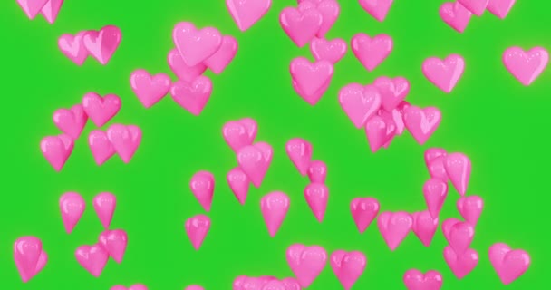Ροζ Καρδιές Πέφτουν Και Γυρίστε Κάτω Πράσινη Οθόνη — Αρχείο Βίντεο