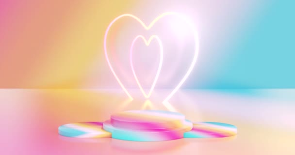 Pastel Podium Stage Hearts Neon Light Turning — Vídeos de Stock