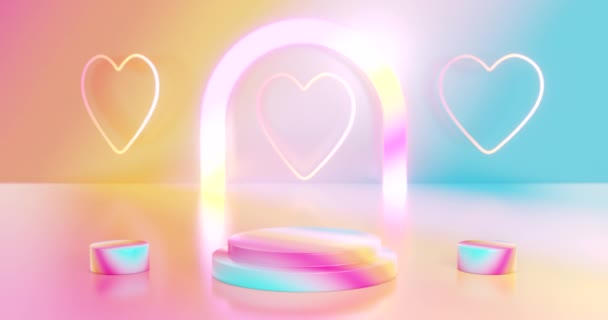 Pastel Podium Double Step Stage Hearts Neon Light Turning Wall — 图库视频影像