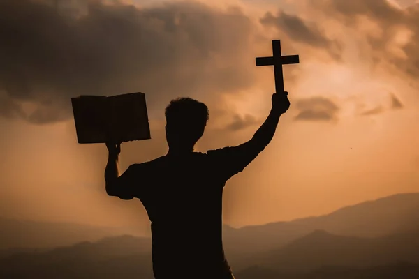 Close Man Hand Holding Wood Cross Religion Symbol Shape — Stock Photo, Image