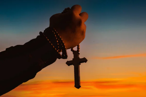 Oração Cristã Mãos Silhueta Pessoas Espirituais Religiosas — Fotografia de Stock