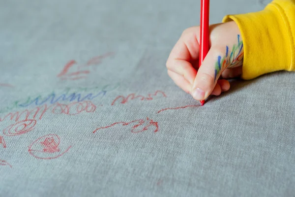 Kid Freehand Drawing Red Felt Tip Pen Upholstery Couch Furniture — Stock Photo, Image